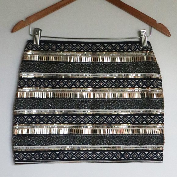 Navy, White, and Gold Sequined and Beaded Striped Mini Skirt - Picture 4 of 10
